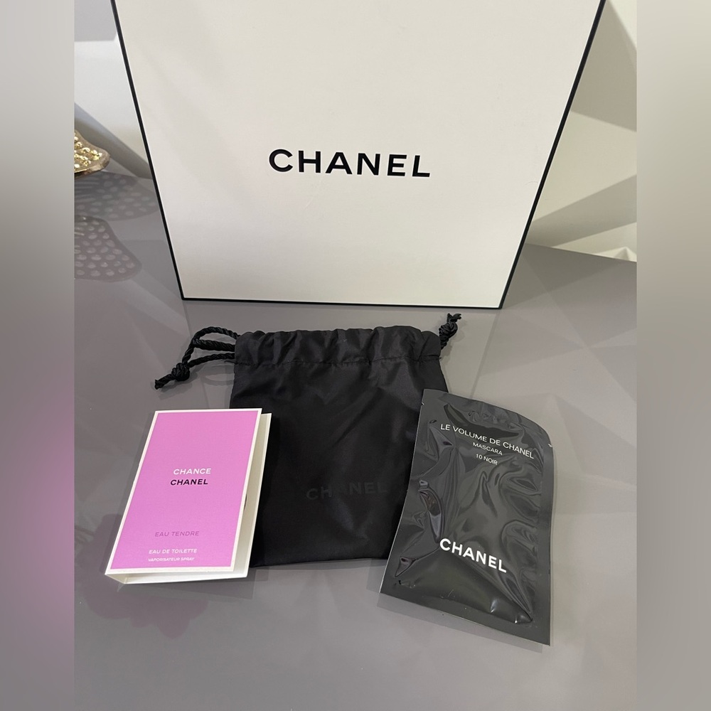 Authentic Chanel beauty nylon drawstring bag with samples